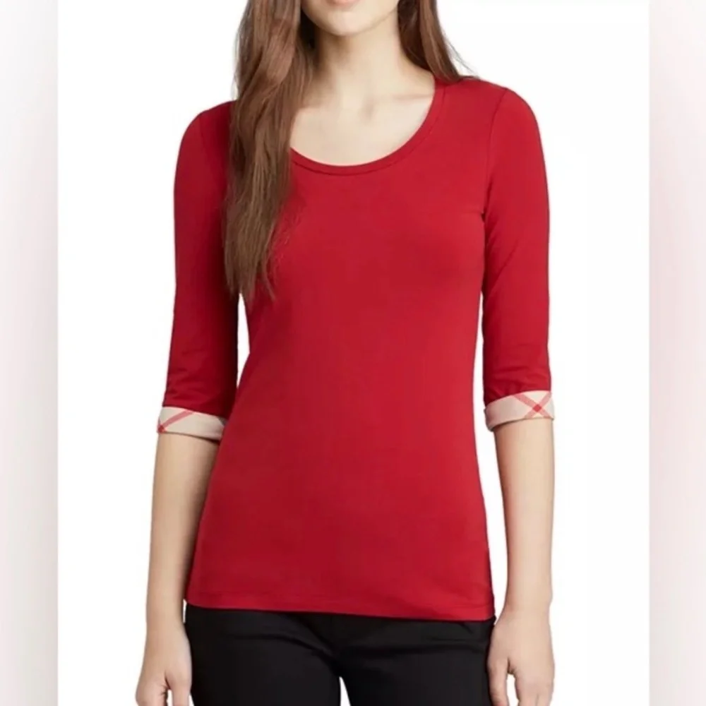 Burberry Red Top with Plaid Cuffs - Picture 1 of 11